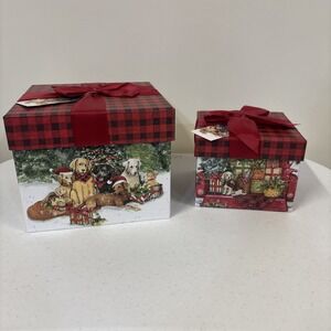 2 Holiday Gift Box Susan‎ Winget  Christmas Dogs Lg 7.5x7.5x5.9 Sm 5.5x5.5x4.1